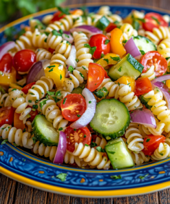 A high-quality image of a colorful pasta salad served on a blue and yellow plate. The pasta salad includes spiral pasta, cherry tomatoes, cucumbers, bell peppers, and red onions, all tossed in a light and zesty Italian dressing. The dish is vibrant, fresh, and garnished with herbs, making it a perfect vegetarian side dish. The background is a warm, rustic food-themed setting, emphasizing freshness and flavor.