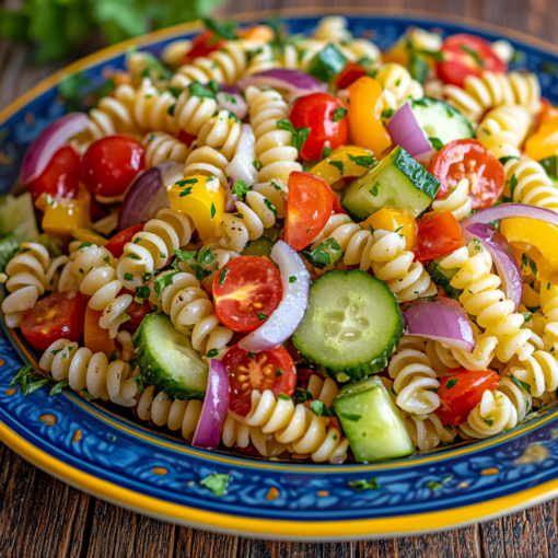 A high-quality image of a colorful pasta salad served on a blue and yellow plate. The pasta salad includes spiral pasta, cherry tomatoes, cucumbers, bell peppers, and red onions, all tossed in a light and zesty Italian dressing. The dish is vibrant, fresh, and garnished with herbs, making it a perfect vegetarian side dish. The background is a warm, rustic food-themed setting, emphasizing freshness and flavor.