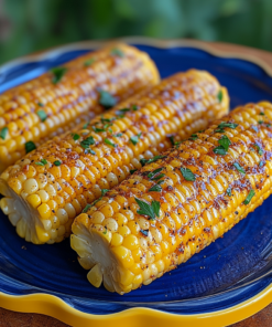 A high-quality image of buttery cob corn served on a blue and yellow plate. The dish features whole corn on the cob coated in a rich, seasoned butter sauce, glistening with warmth and flavor. The presentation is vibrant and appetizing, with a rustic food-themed background emphasizing Southern comfort food and homemade goodness.