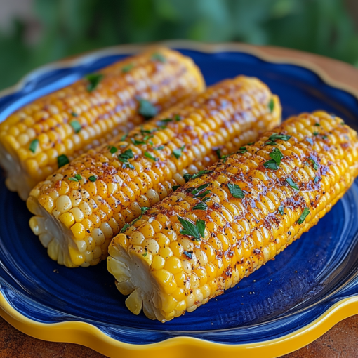 A high-quality image of buttery cob corn served on a blue and yellow plate. The dish features whole corn on the cob coated in a rich, seasoned butter sauce, glistening with warmth and flavor. The presentation is vibrant and appetizing, with a rustic food-themed background emphasizing Southern comfort food and homemade goodness.