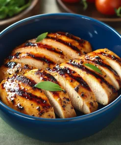 Juicy, grilled chicken breast with golden char marks in a bright blue bowl – Chicken Breast Pound