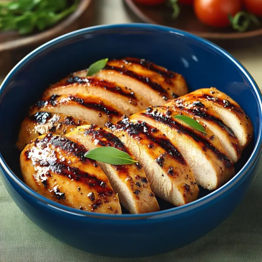 Juicy, grilled chicken breast with golden char marks in a bright blue bowl – Chicken Breast Pound