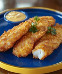 Crispy, golden-brown fried catfish fillets arranged on a blue and yellow food tray – Fried Catfish 10 Fillets