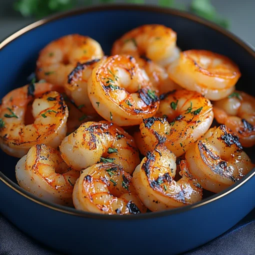 Succulent grilled shrimp in a bright blue bowl, seasoned with house blend spices – Grilled Shrimp 3 Dozen