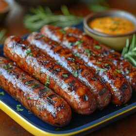 🔥 Sausage Links (Pound) Smoked sausage links with a bold, savory flavor, displayed on a blue and yellow food tray – Sausage Links Pound