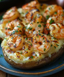 Loaded baked potato with sautéed shrimp, garlic butter, melted cheese, and herbs – Shrimpin’ Ain’t Easy