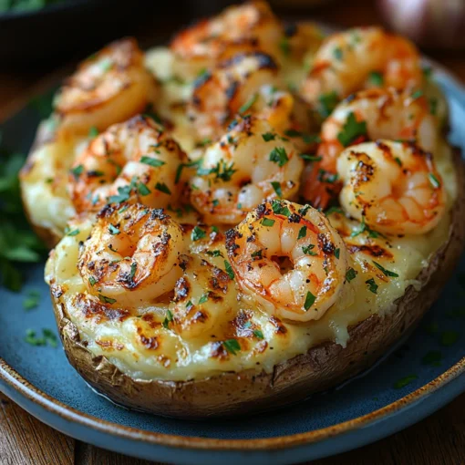 Loaded baked potato with sautéed shrimp, garlic butter, melted cheese, and herbs – Shrimpin’ Ain’t Easy