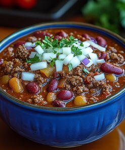 Hearty slow-cooked chili with shredded cheese and diced onions in a bright blue bowl – Slow Cooked Chili QT