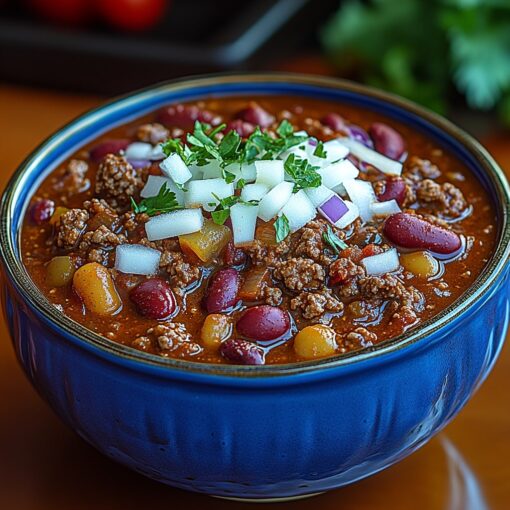 Hearty slow-cooked chili with shredded cheese and diced onions in a bright blue bowl – Slow Cooked Chili QT