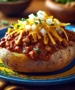 Loaded baked potato smothered with slow-cooked chili, melted cheddar, and diced onions – Texas Chili Tater