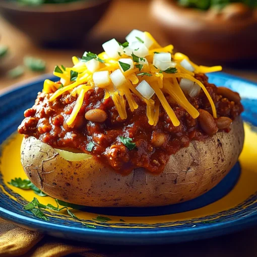 Loaded baked potato smothered with slow-cooked chili, melted cheddar, and diced onions – Texas Chili Tater