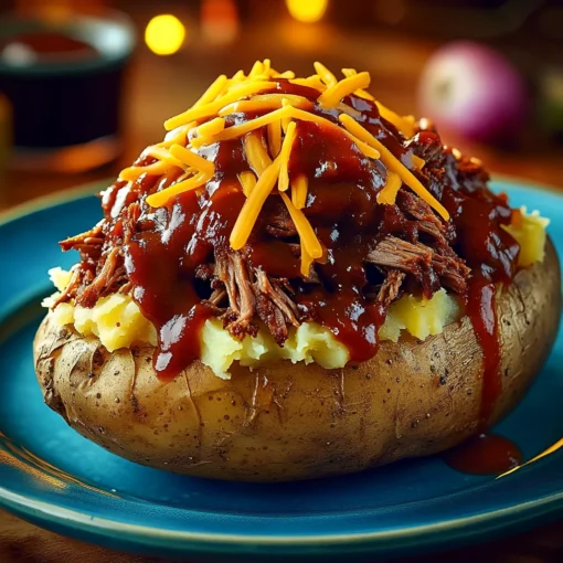 Loaded baked potato topped with slow-smoked chopped beef and drizzled with BBQ sauce – The Chopped Champ