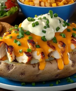 Loaded baked potato with grilled chicken, melted cheddar, sour cream, and chives – The Cluckin’ Spud