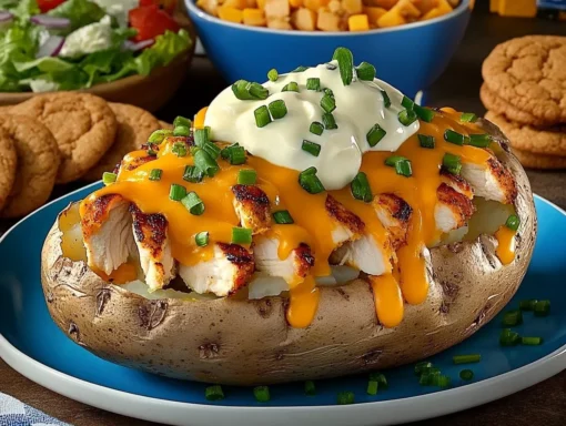 Loaded baked potato with grilled chicken, melted cheddar, sour cream, and chives – The Cluckin’ Spud