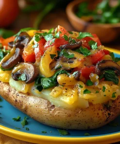 Vegetarian loaded baked potato topped with sautéed bell peppers, onions, mushrooms, and spinach – The Green Machine