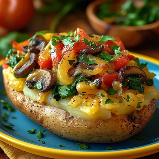 Vegetarian loaded baked potato topped with sautéed bell peppers, onions, mushrooms, and spinach – The Green Machine