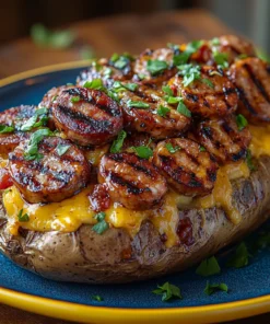 Loaded baked potato topped with grilled sausage links, BBQ sauce, and melted cheddar – The Smokin’ Link