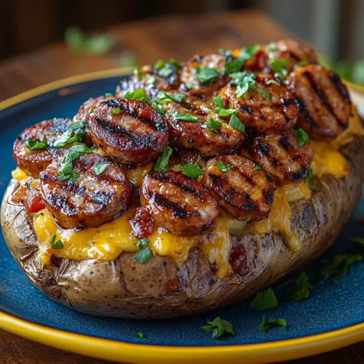 Loaded baked potato topped with grilled sausage links, BBQ sauce, and melted cheddar – The Smokin’ Link